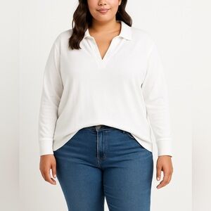 Jane+Delancey 1X White Slub Knit Long Sleeve Split Neck Popover Top with Collar